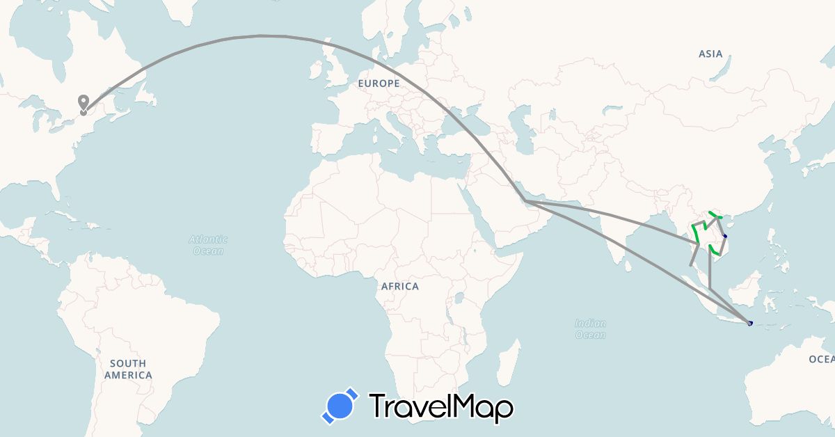 TravelMap itinerary: driving, bus, plane, boat in Canada, Indonesia, Cambodia, Laos, Qatar, Singapore, Thailand, Vietnam (Asia, North America)